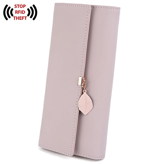 Womens Wallet PU Leather RFID Blocking Card Holder Elegant Zipper Coin Purse Leaf Pendant(Pink-2)