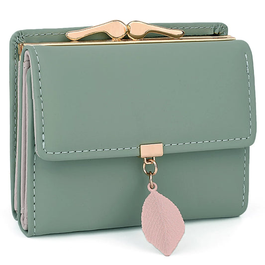 Small Wallet for Women PU Leather RFID Blocking Coin Purse Card Holder Trifold Ladies Purse Leaf Pendant(Green)