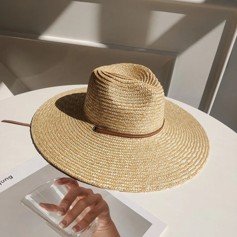New 2024 Belt Strap Straw Sun Hat for Women Fashion Vacation Beach UV Hats Summer Wide Brim Travel Panama Hats Outdoor Wholesale